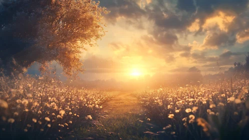 Volumetric sunset illumination across dandelion field corridor.