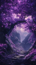 Luminous violet forest canyon frames a stone path to misty valley