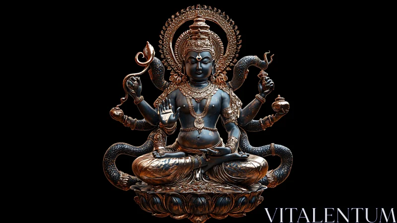 Bronzed serpent-crowned deity in meditative cosmic stillness.