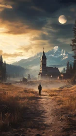 Lone traveler walks toward rural church under rising moon