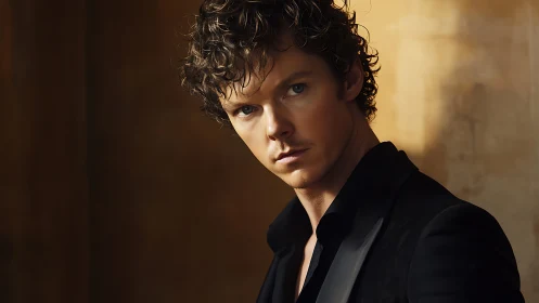 Curly haired man in dark blazer under warm studio lighting