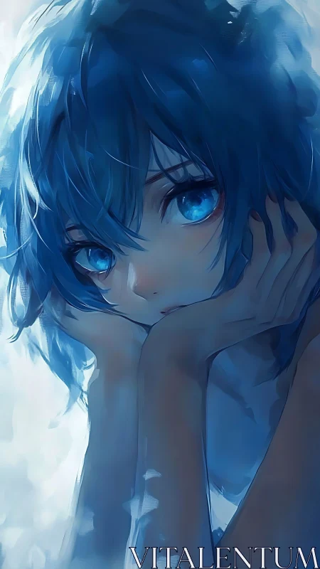Blue haired anime girl rests face on hands in close view