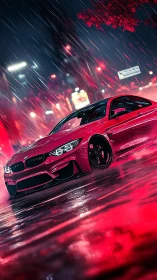 Red performance coupe in neon rain-soaked urban streetscape.