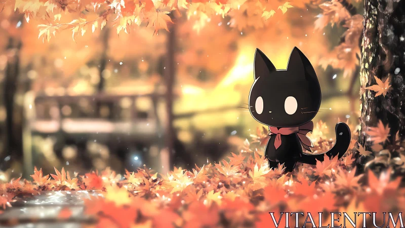 Black cartoon cat among autumn leaves near tree and bridge.