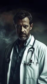 Cinematic low‑key portrait of stern clinician with stethoscope.
