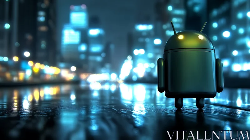 Friendly little android exploring a glowing city night.
