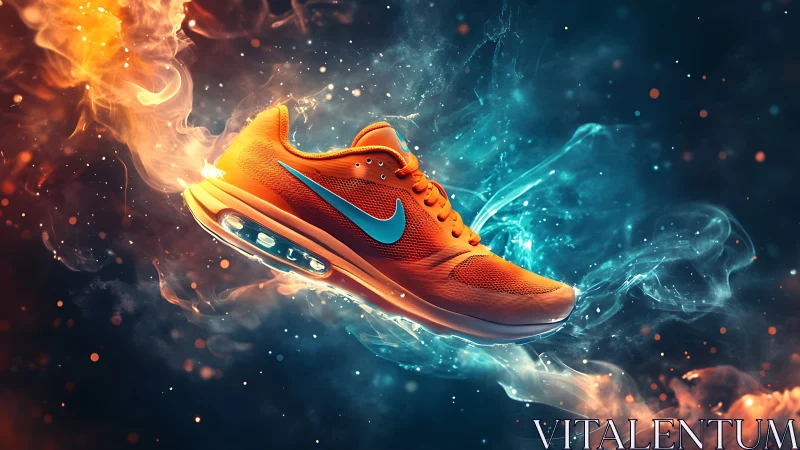 Dynamic orange running shoe suspended in dual-color energy plumes