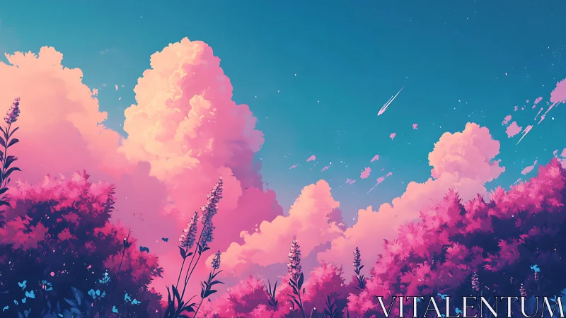 Pink cloud formations over stylized meadow at twilight.