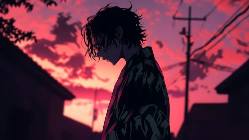 Silhouetted loner beneath neon dusk anime skyscape.