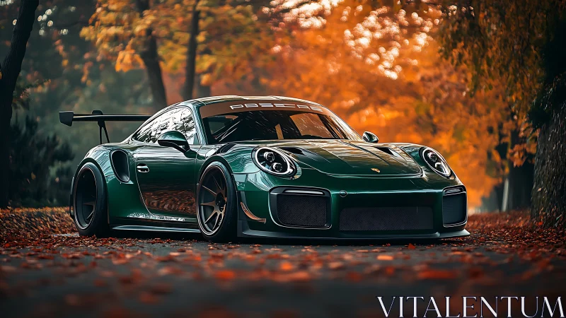 Emerald sports car glows against fiery autumn forest road.