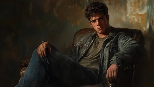 Relaxed young man in denim resting in a worn leather chair.