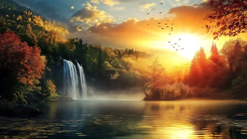 Sunlit waterfall sanctuary wrapped in glowing autumn quiet.