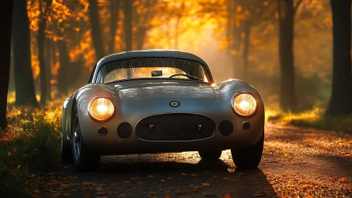 Silver vintage coupe on forest lane in autumn backlighting.