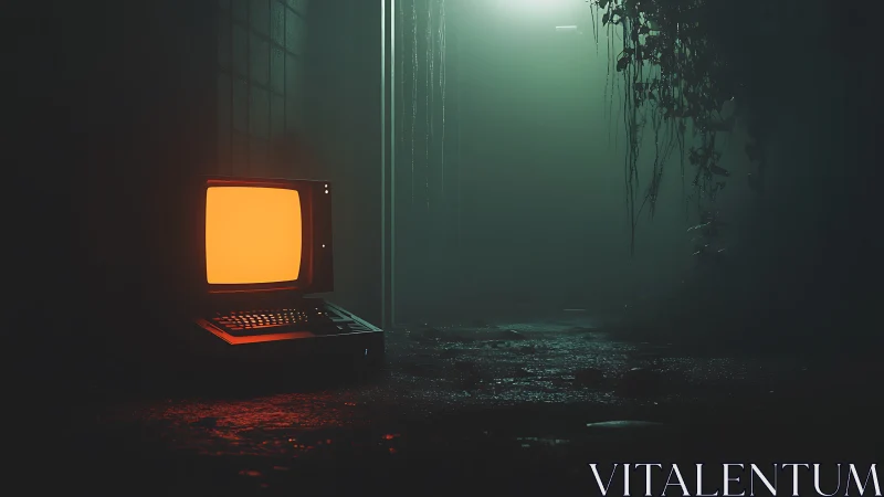 Vintage computer terminal in damp corridor under green light.