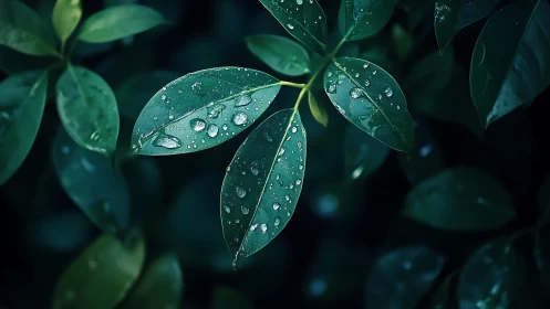 Wet green leaves with water droplets in low ambient light.