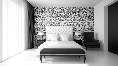 Monochrome bedroom with tufted headboard and speckled feature wall.