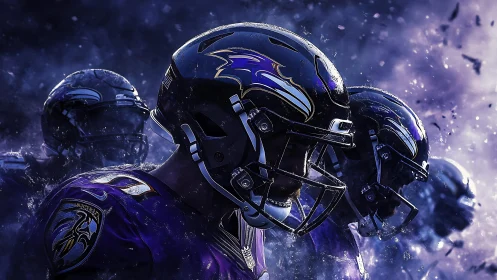 Ravens football players stride through violet storm light.