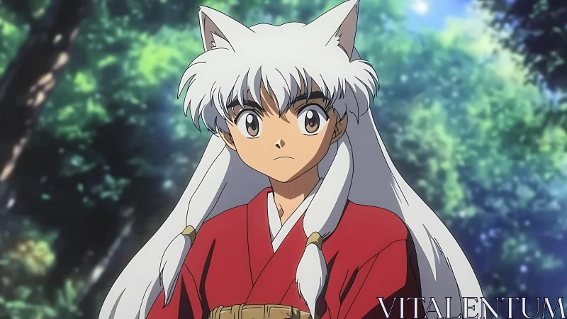 White‑haired anime warrior stands alert in a tranquil forest