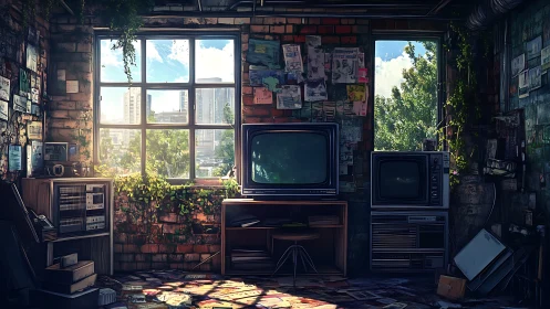 Abandoned urban loft glows with retro TVs and wild greenery
