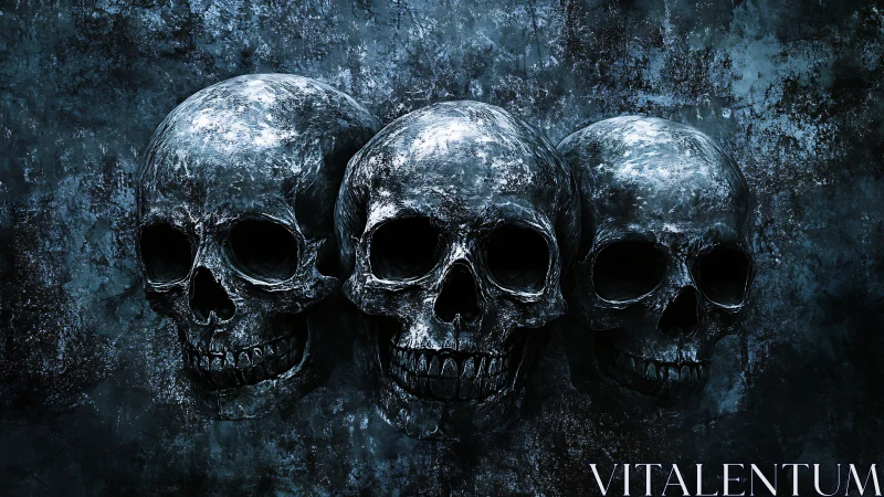 Three human skulls are rendered against textured dark background