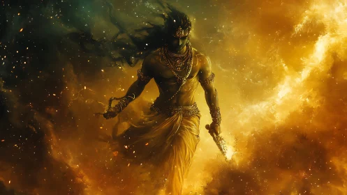 Celestial warrior strides through burning golden cosmos.