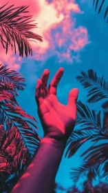 Chromatic uplink: neon-lit hand amid high-saturation canopy.