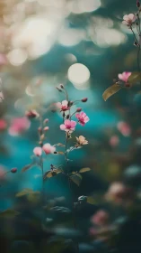 Pink flowers bloom with soft bokeh bokeh against teal background
