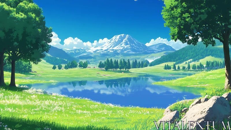 Snowcapped mountain reflects in tranquil spring valley lake