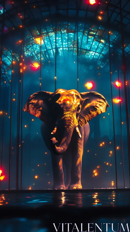 Glowing elephant walks gently through a dreamy glass hall