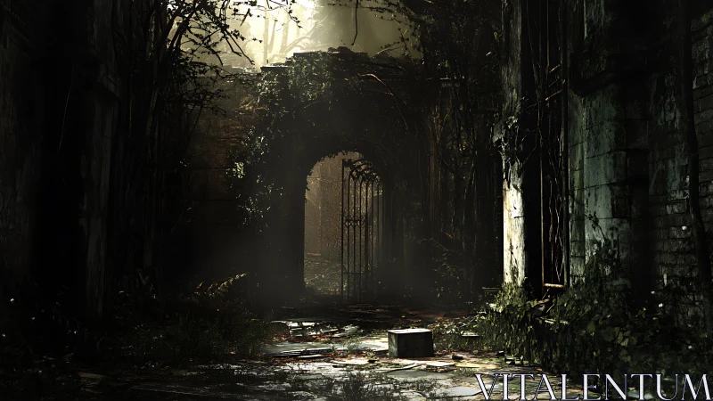 Overgrown stone corridor with rusted iron gate and soft godrays