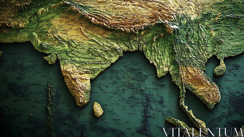 3D raised relief map of South and Southeast Asian subcontinent.