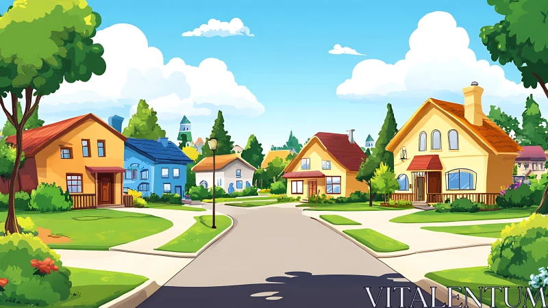 Illustrated suburban street shows detached houses under sun