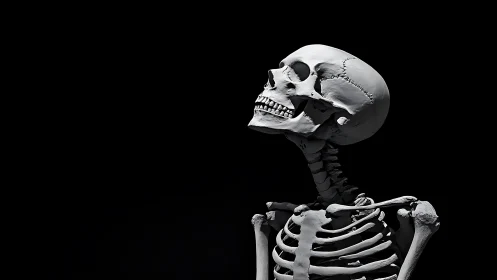 Human skeleton model gazes upward under stark lighting