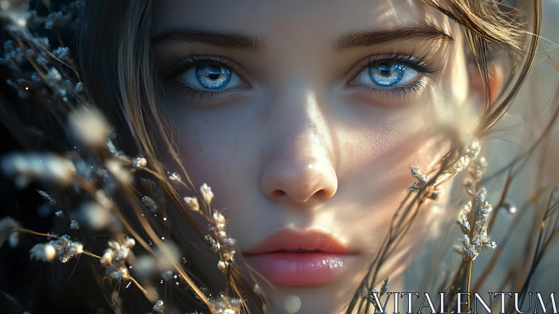 Ethereal blue-eyed portrait framed by frosted meadow stems.