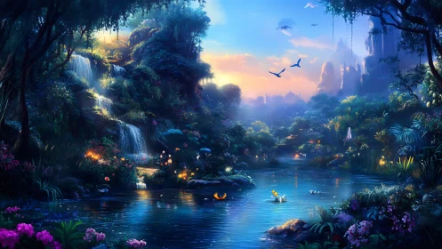 Enchanted waterfall valley glows under luminous twilight sky