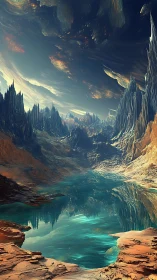 Alien lake mirrors jagged crystal peaks beneath swirling sky.