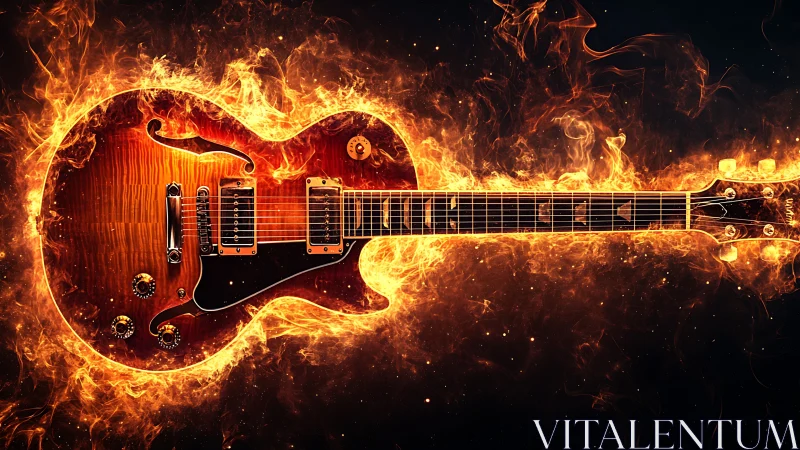 Electric guitar silhouette encircled by stylized flames.