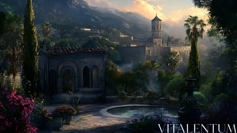 Sunlit monastery tower rises above a misty garden valley.