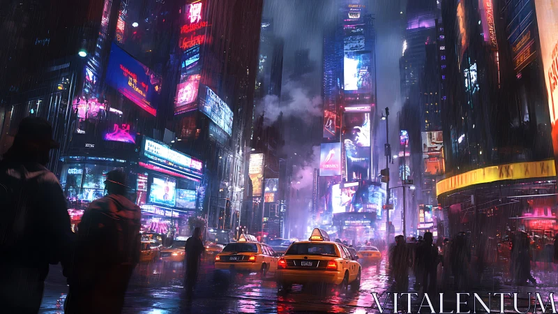 Rainy neon city street with taxis and crowded sidewalks.