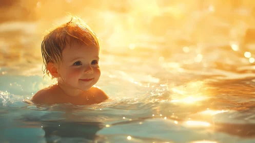 Sunlit toddler swimming in warm golden reflective water light