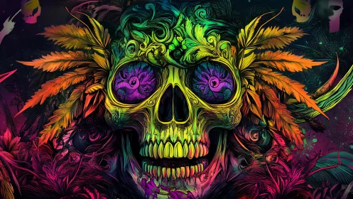 Psychedelic neon skull merges floral foliage and swirling eyes