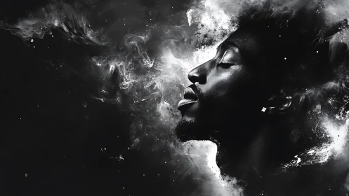 Midnight dreamer dissolving into cosmic ink clouds.