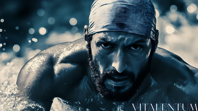 Male swimmer emerging from water in high contrast lighting.