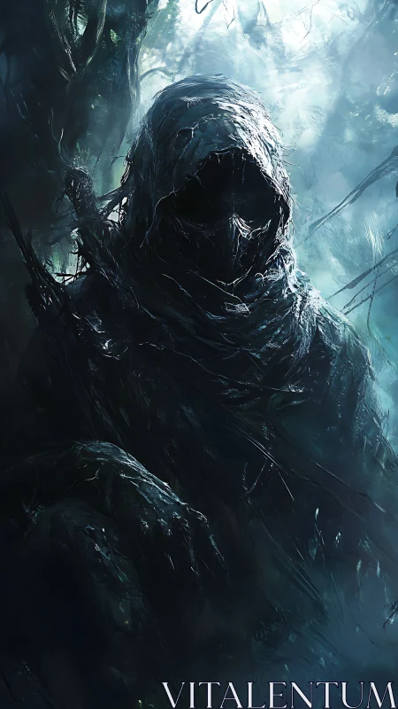 Hooded wraith stalks misted forest in cyan gloom.