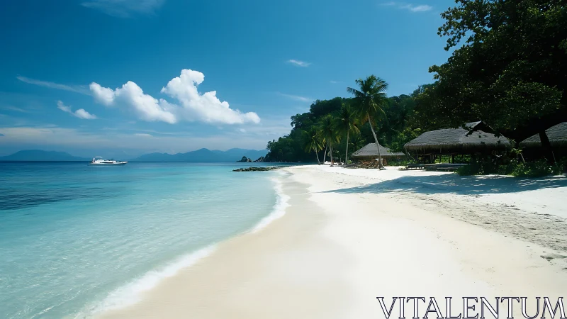 Tropical Paradise Beach With Thatched Bungalows and Turquoise Waters.