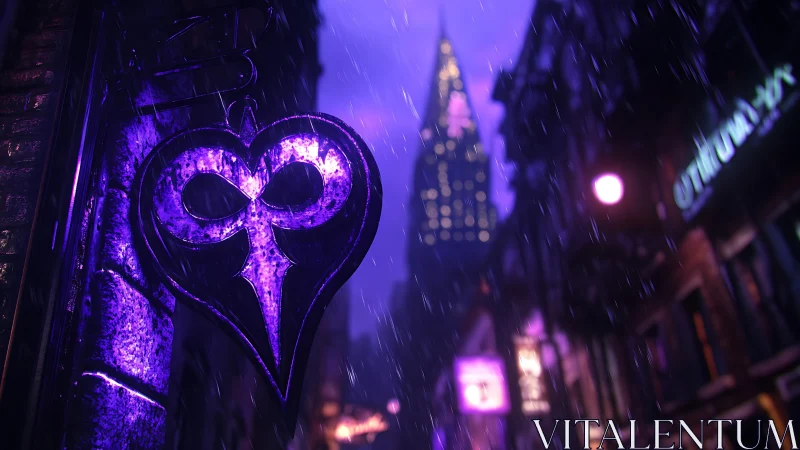 Neon heart mask sign glows over rainy cyberpunk street
