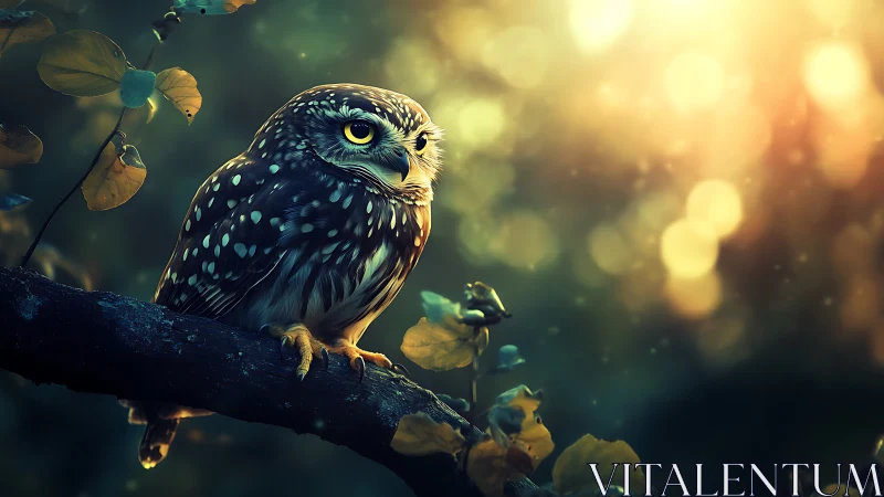 Spotted owl on branch in dreamy golden forest with bokeh effect.