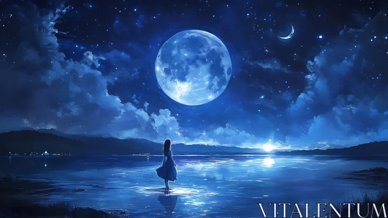 Nocturnal shoreline scene renders oversized moon with reflective lake