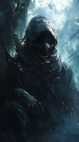 Hooded wraith stalks misted forest in cyan gloom.