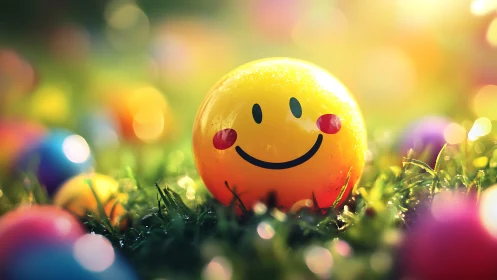 Smiling yellow ball glows among colorful garden lights.